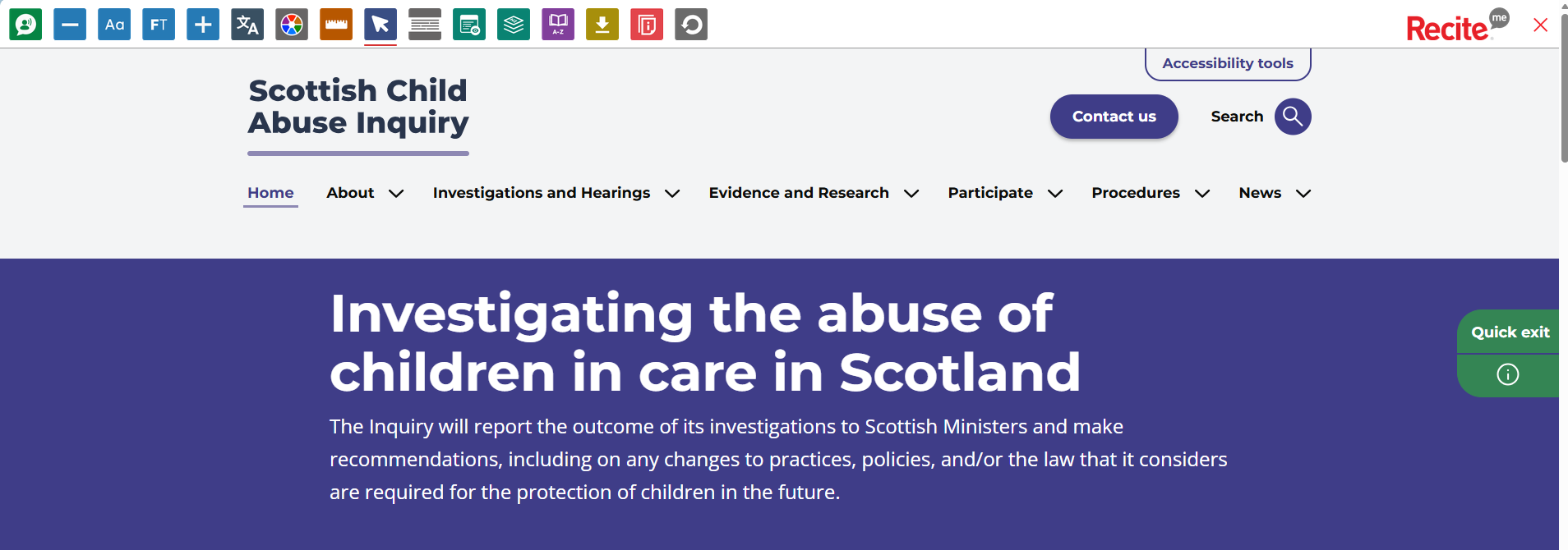 Toolbar showing different accessibility options